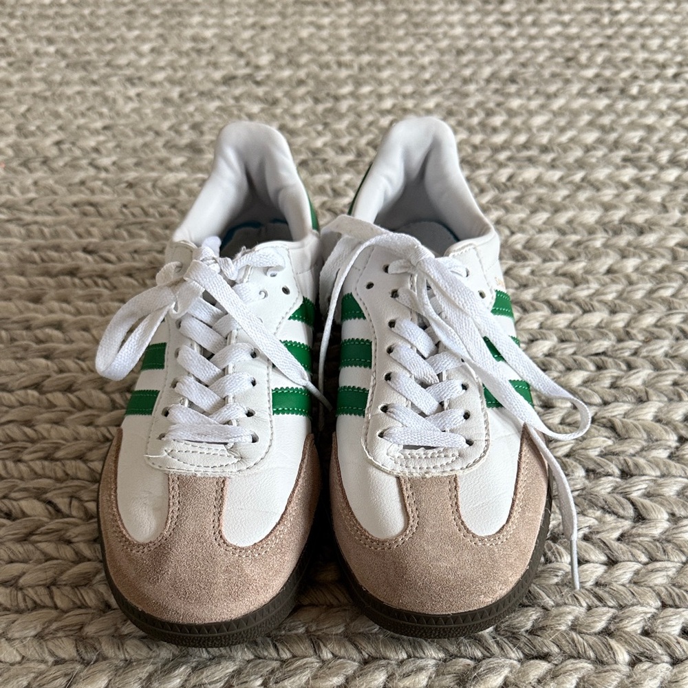 adidas White, Green, and Tan Sneakers